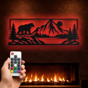Bear Mountain Metal Art, Oversized Rustic Cabin Decor, Forest Wildlife Sign, Optional LED Backlight, Nature Lover Gift