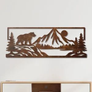 Bear Mountain Metal Art, Oversized Rustic Cabin Decor, Forest Wildlife Sign, Optional LED Backlight, Nature Lover Gift