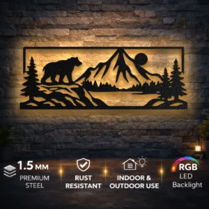 Bear Mountain Metal Art, Oversized Rustic Cabin Decor, Forest Wildlife Sign, Optional LED Backlight, Nature Lover Gift