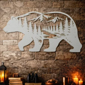 Bear Mountain Silhouette Metal Art, Oversized Rustic Forest Decor, Optional RGB LED, Cabin Wall Decor, Nature Lover Gift