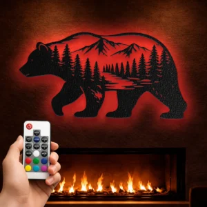 Bear Mountain Silhouette Metal Art, Oversized Rustic Forest Decor, Optional RGB LED, Cabin Wall Decor, Nature Lover Gift