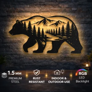 Bear Mountain Silhouette Metal Art, Oversized Rustic Forest Decor, Optional RGB LED, Cabin Wall Decor, Nature Lover Gift