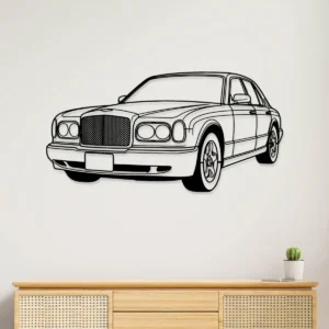 Black metal Bentley Arnage wall art on a white wall.