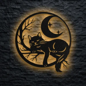 An oversized black cat and moon metal wall art, casting a beautiful shadow on a brick wall.