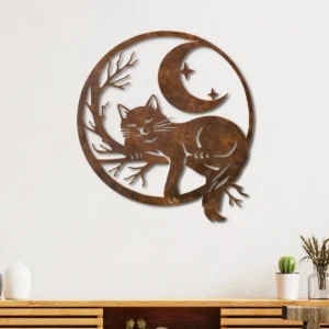 Black Cat Moon Scene Metal Wall Art, Oversized Rustic Celestial Decor, Optional RGB LED, Cat Lover Gift