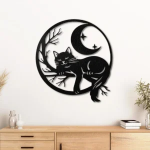 Black Cat Moon Scene Metal Wall Art, Oversized Rustic Celestial Decor, Optional RGB LED, Cat Lover Gift