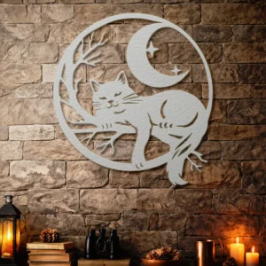 Black Cat Moon Scene Metal Wall Art, Oversized Rustic Celestial Decor, Optional RGB LED, Cat Lover Gift