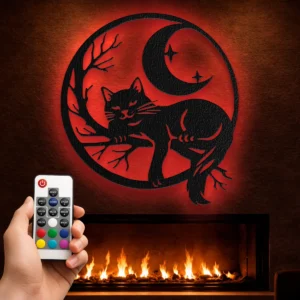 Black Cat Moon Scene Metal Wall Art, Oversized Rustic Celestial Decor, Optional RGB LED, Cat Lover Gift