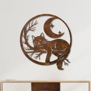 Black Cat Moon Scene Metal Wall Art, Oversized Rustic Celestial Decor, Optional RGB LED, Cat Lover Gift