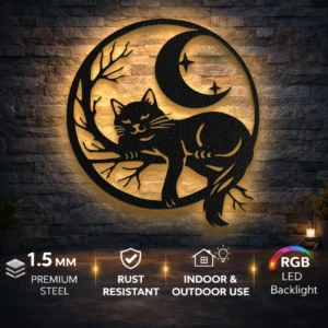 Black Cat Moon Scene Metal Wall Art, Oversized Rustic Celestial Decor, Optional RGB LED, Cat Lover Gift
