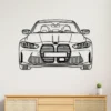 Black metal line art of BMW M3 front view on white wall