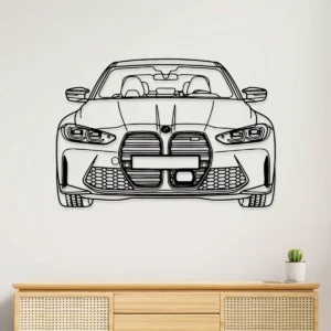 Black metal line art of BMW M3 front view on white wall