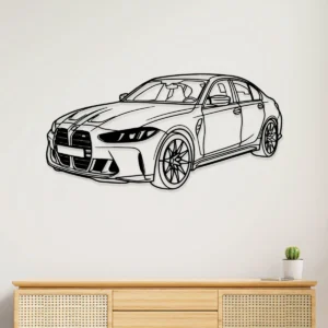 Black metal BMW M3 sedan wall art for modern garage decor.