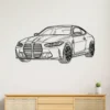 Black metal BMW M4 silhouette wall art on a white wall.