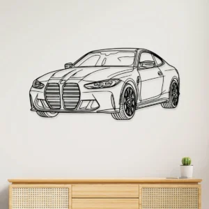 Black metal BMW M4 silhouette wall art on a white wall