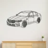 Black metal line art of a BMW M5 sedan on a white wall.