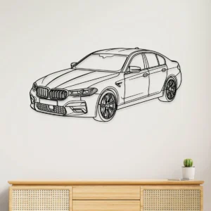 Black metal line art of a BMW M5 sedan on a white wall.