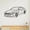 Black metal line art of BMW M8 luxury sedan.