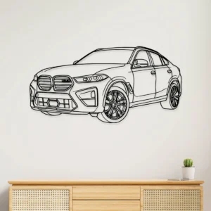 Black metal outline art of a BMW X6 M SUV on a white wall