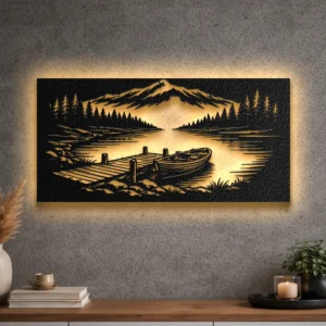 A large rustic metal wall art depicting a boat on a mountain lake.