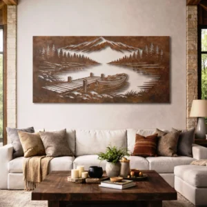 Boat on Mountain Lake Metal Art, Oversized Rustic Lake Decor, Nature Scene Wall Art, Optional RGB LED, Outdoor Lover Gift