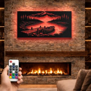Boat on Mountain Lake Metal Art, Oversized Rustic Lake Decor, Nature Scene Wall Art, Optional RGB LED, Outdoor Lover Gift