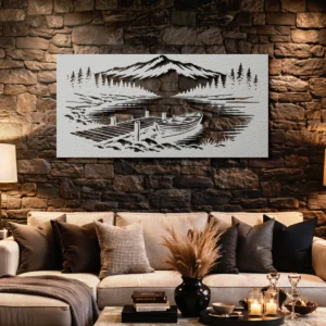 Boat on Mountain Lake Metal Art, Oversized Rustic Lake Decor, Nature Scene Wall Art, Optional RGB LED, Outdoor Lover Gift