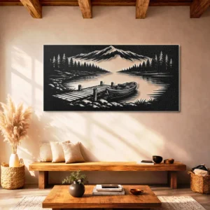 Boat on Mountain Lake Metal Art, Oversized Rustic Lake Decor, Nature Scene Wall Art, Optional RGB LED, Outdoor Lover Gift