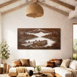 Boat on Mountain Lake Metal Art, Oversized Rustic Lake Decor, Nature Scene Wall Art, Optional RGB LED, Outdoor Lover Gift