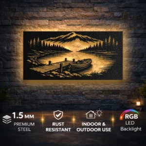Boat on Mountain Lake Metal Art, Oversized Rustic Lake Decor, Nature Scene Wall Art, Optional RGB LED, Outdoor Lover Gift