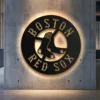 Black metal Boston Red Sox logo wall art for game room.