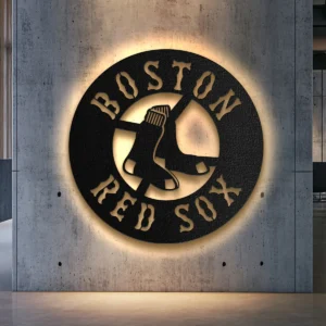 Black metal Boston Red Sox logo wall art for game room.