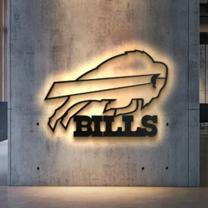 Black metal Buffalo Bills logo wall art with bright LED backlight.