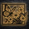 Large butterfly and flower metal wall art with rustic finish.