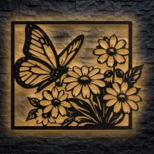 Large butterfly and flower metal wall art with rustic finish