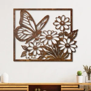 Butterfly Flower Garden Metal Art, Oversized Rustic Nature Inspired Decor, Optional LED, Garden Lover Gift