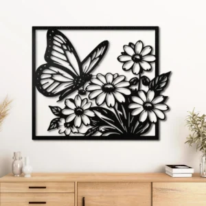 Butterfly Flower Garden Metal Art, Oversized Rustic Nature Inspired Decor, Optional LED, Garden Lover Gift