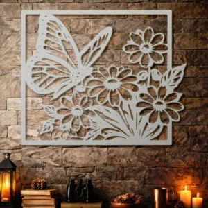 Butterfly Flower Garden Metal Art, Oversized Rustic Nature Inspired Decor, Optional LED, Garden Lover Gift