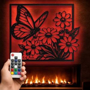 Butterfly Flower Garden Metal Art, Oversized Rustic Nature Inspired Decor, Optional LED, Garden Lover Gift