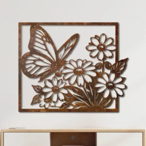 Butterfly Flower Garden Metal Art, Oversized Rustic Nature Inspired Decor, Optional LED, Garden Lover Gift