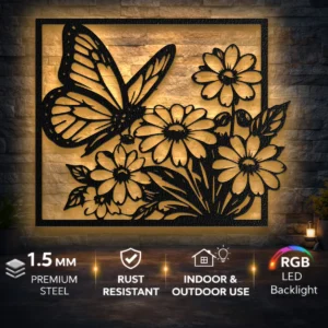 Butterfly Flower Garden Metal Art, Oversized Rustic Nature Inspired Decor, Optional LED, Garden Lover Gift