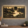 A large rustic metal wall art depicting a cabin by a river and mountains.