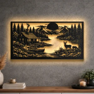 A large rustic metal wall art depicting a cabin by a river and mountains.