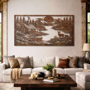 Cabin and Deer Metal Wall Art, Oversized Rustic Mountain Lake Scene, Optional RGB LED, Woodland Home Decor Gift