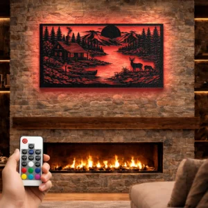 Cabin and Deer Metal Wall Art, Oversized Rustic Mountain Lake Scene, Optional RGB LED, Woodland Home Decor Gift