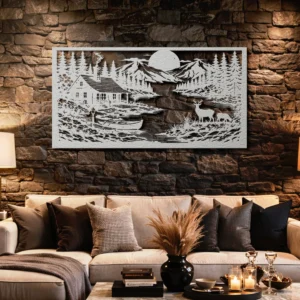 Cabin and Deer Metal Wall Art, Oversized Rustic Mountain Lake Scene, Optional RGB LED, Woodland Home Decor Gift