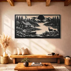 Cabin and Deer Metal Wall Art, Oversized Rustic Mountain Lake Scene, Optional RGB LED, Woodland Home Decor Gift