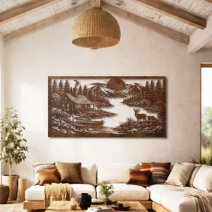 Cabin and Deer Metal Wall Art, Oversized Rustic Mountain Lake Scene, Optional RGB LED, Woodland Home Decor Gift