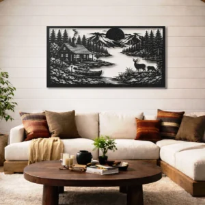 Cabin and Deer Metal Wall Art, Oversized Rustic Mountain Lake Scene, Optional RGB LED, Woodland Home Decor Gift