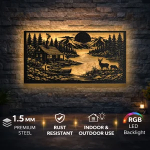 Cabin and Deer Metal Wall Art, Oversized Rustic Mountain Lake Scene, Optional RGB LED, Woodland Home Decor Gift